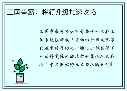 三国争霸：将领升级加速攻略