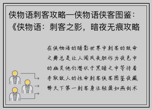 侠物语刺客攻略—侠物语侠客图鉴：《侠物语：刺客之影，暗夜无痕攻略大全》